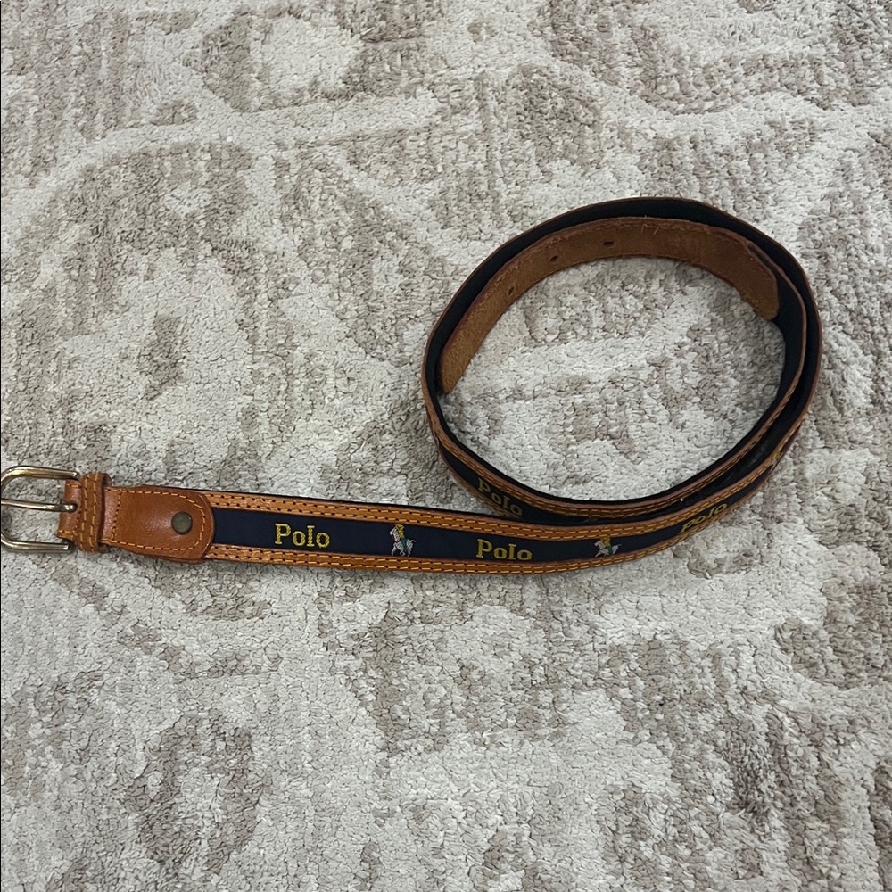 Polo by Ralph Lauren Navy Ribbon & Brown Leather Logo Belt
